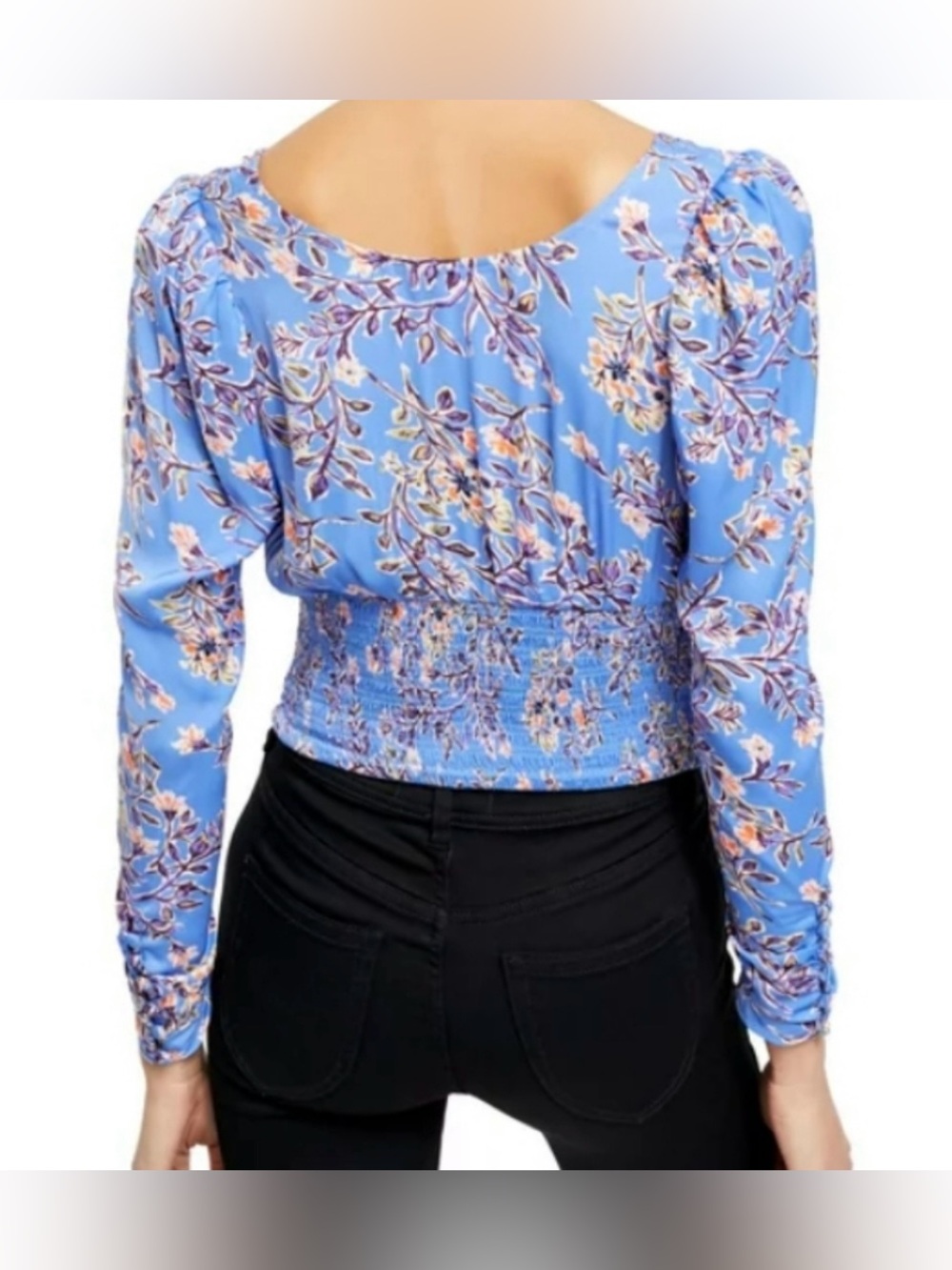 Free People Blue Multicolor Floral Smocked Waist Long Sleeve Blouse - Size L - Picture 2 of 6